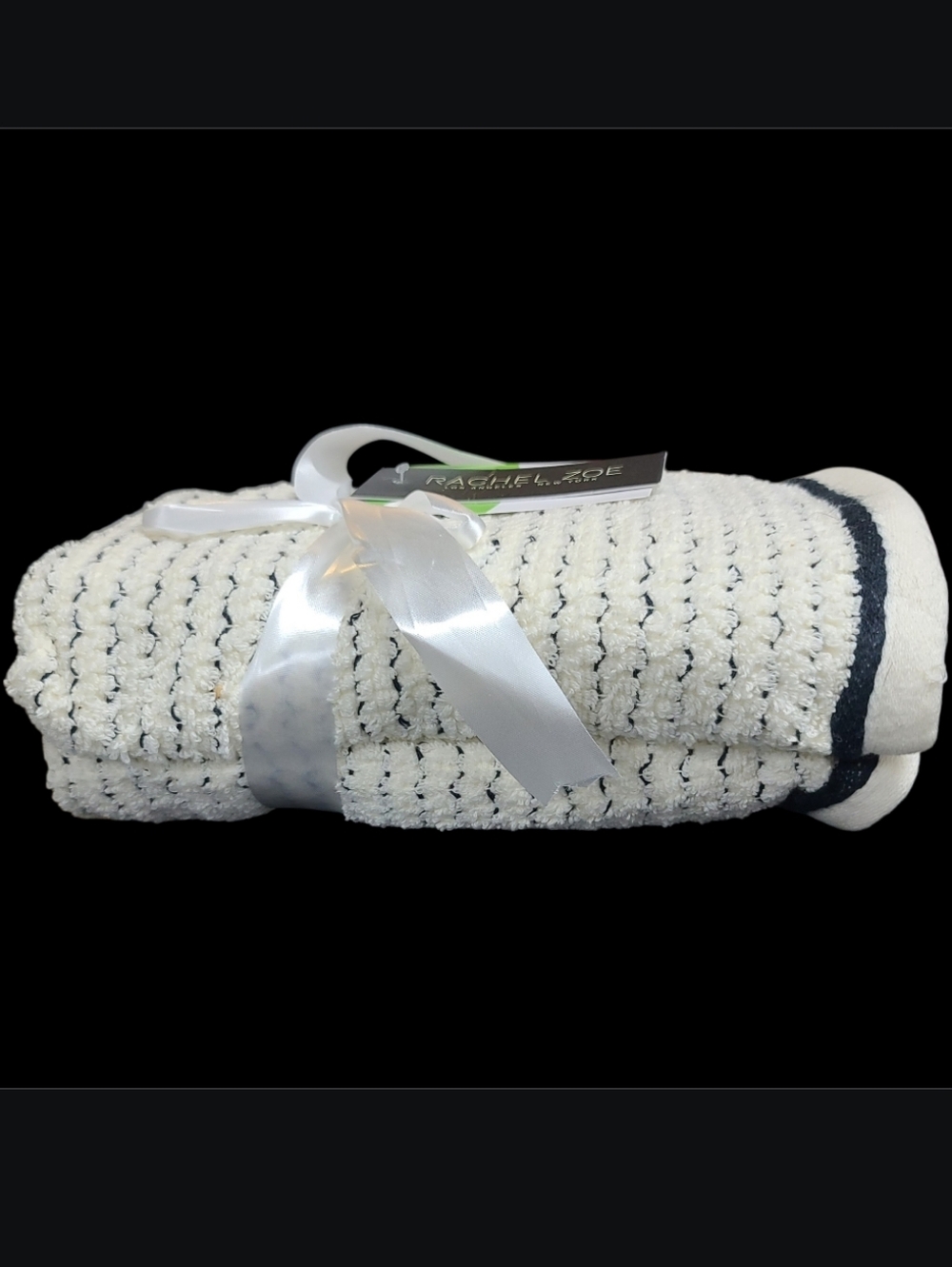 2 Rachel Zoe Cream & Black Micro Stripe Cotton Hand Towel Set New - Picture 3 of 4